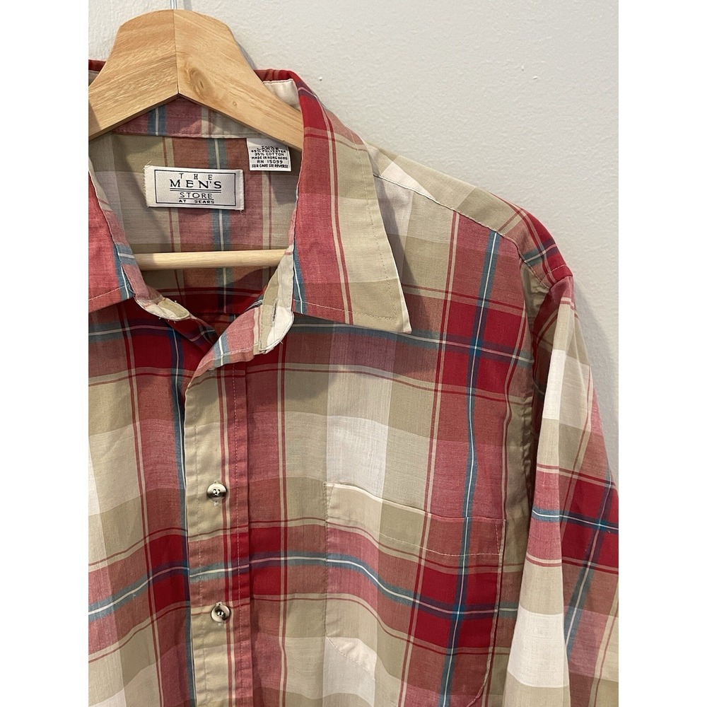 Vintage Sears Button Up Shirt Mens Large Red Plaid Short‎ Sleeve Retro Hong Kong